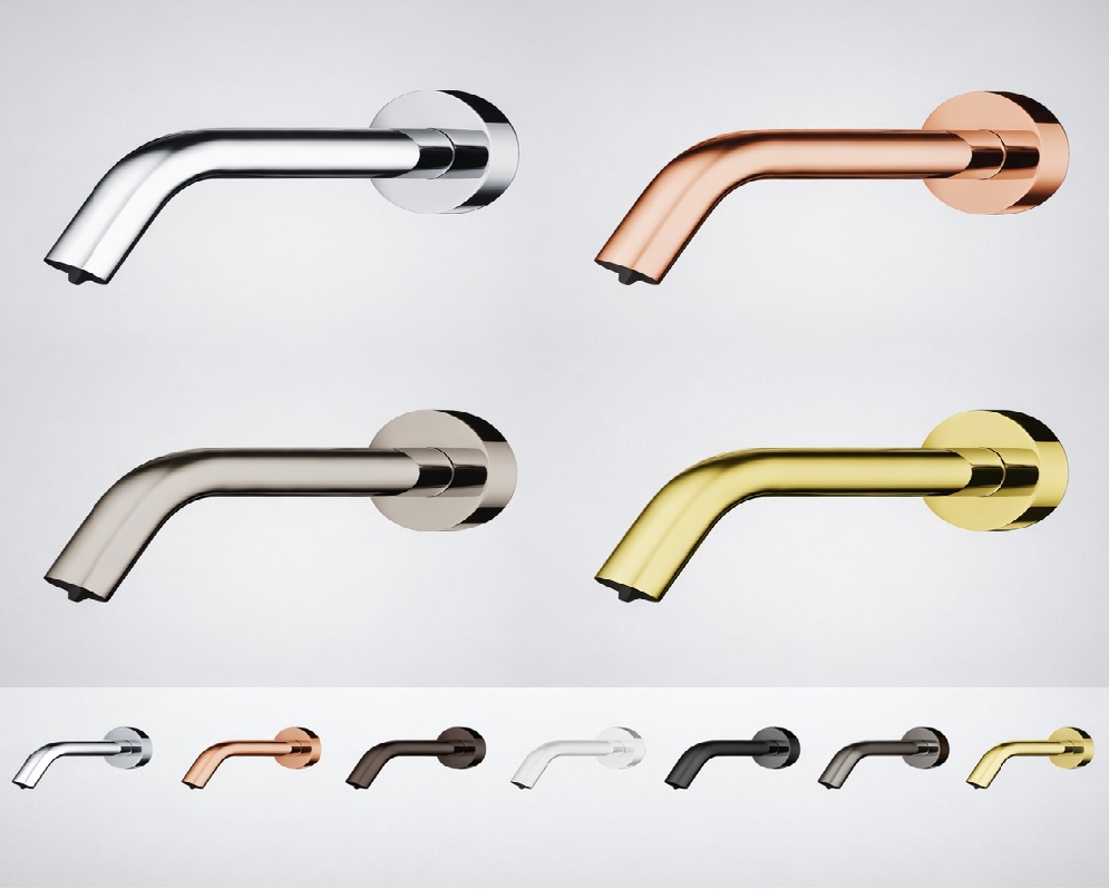 Touchless faucet finish options including chrome, brushed, matte black, and brushed gold